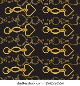 Gold curly chains in a horizontal line. Golden contours on a dark background. Oriental pattern. Seamless pattern.