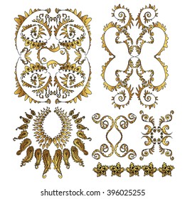 Gold curly elements on pure background. Decorative set of original elements. Hand drawn baroque theme. Oriental motives in pattern elements. Good for background, fabric, paper and book design.
