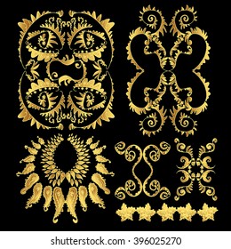 Gold curly elements on pure background. Decorative set of original elements. Hand drawn baroque theme. Oriental motives in pattern elements. Good for background, fabric, paper and book design.
