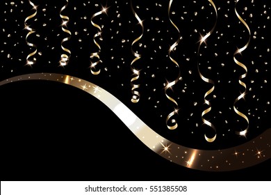 Gold curly ribbon confetti. Golden serpentine on black background. Colorful streamers. Decoration party, birthday, Christmas, New Year celebration, anniversary, carnival Vector illustration