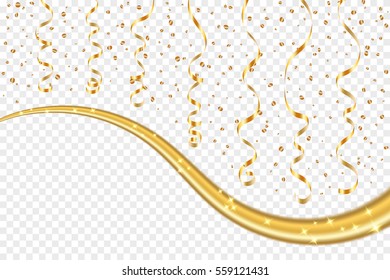 Gold curly ribbon confetti. Golden serpentine on transparent background. Colorful streamers. Decoration party, birthday, Christmas, New Year celebration, anniversary, carnival Vector illustration