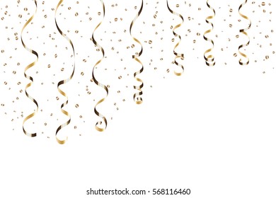 Gold curly ribbon confetti. Golden serpentine on white background. Colorful streamers. Design decoration party, birthday, Christmas, New Year celebration, anniversary, carnival Vector illustration