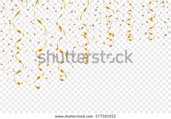 金の巻き色のリボン紙吹雪 金色 のサーペンタインの透明な背景 カラフルなストリーマー デコレーションパーティー 誕生日 クリスマス 新年の祝賀 記念日 カーニバルベクターイラスト のベクター画像 素材 ロイヤリティフリー