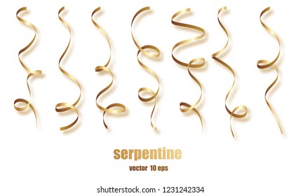 Gold curly ribbon serpentine confetti. Golden streamers set on transparent background. Colorful design decoration party, holiday event, carnival, Christmas, New Year greeting. Vector illustration