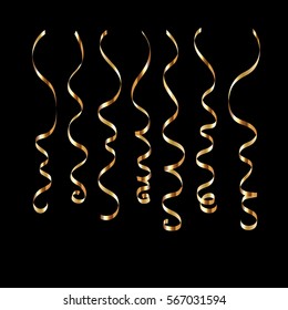 Gold curly ribbon serpentine confetti. Golden streamers set on black background. Colorful design decoration for party, holiday event, carnival, Christmas, New Year greeting. Vector illustration