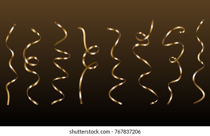 Gold curly ribbon serpentine confetti. Golden streamers set on black background. Colorful design decoration party, holiday event, carnival, Christmas, New Year greeting. Vector illustration