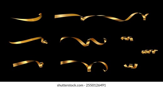 Gold curly ribbons. Golden serpentine isolated on black background. Yellow curl papers pieces for Christmas, birthday, wedding, party decoration.