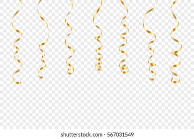 Gold curly ribbons. Golden serpentine on transparent background. Colorful streamers. Design decoration party, birthday, Christmas, New Year celebration, anniversary, carnival Vector illustration