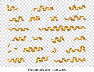  Gold curly  streamers. Golden  serpentine ribbons isolated on transparent background. Decoration for carnival, fiesta, birthday party, Christmas, New Year  Vector  design  elements.
