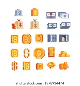 Gold currency symbols and money pixel art 80s style icons set. Bitcoin sign, money bag, golden coin, cash banknotes, piggy bank, safe with money and dollar. Isolated vector illustration. Design logo.
