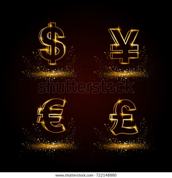 Gold currency symbols set. Currency\
linear vector illustration on a black\
background.