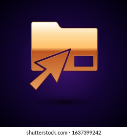 Gold Cursor click document folder icon isolated on dark blue background. Accounting binder symbol. Bookkeeping management.  Vector Illustration