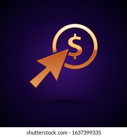 Gold Cursor and coin icon isolated on dark blue background. Dollar or USD symbol. Cash Banking currency sign.  Vector Illustration