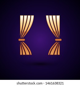 Gold Curtain icon isolated on dark blue background. For theater or opera scene backdrop, concert grand opening or cinema premiere.  Vector Illustration