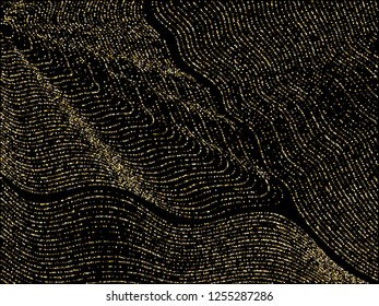 Gold curve lines of multiple square confetti on black. Luxury vector background with shiny stardust glitters. Festive confetti dust curves stripes. Brilliant glitter flow pattern, glossy lights print.