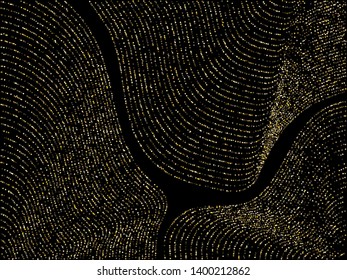 Gold curve lines of multiple square confetti on black. Rich vector background with shiny stardust glitters. VIP confetti dust curves stripes. Abstract glitter flow pattern, glowing lights design.