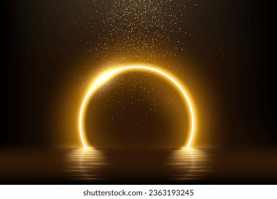 Gold curve neon arch, falling glitter and glow light effect vector illustration. Abstract golden fairy arc with reflection in water, under rain of luxury confetti particles, bright laser frame