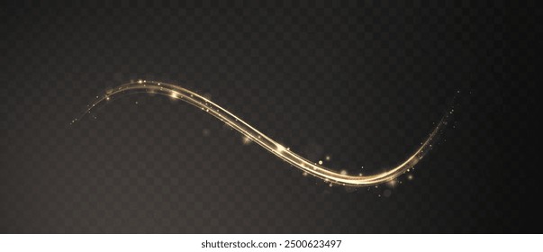 Gold curved light line, rope, tape. Smooth festive gold line png with light effects. Light golden Twirl png. Curve light effect of golden line. Luminous golden spiral png. 