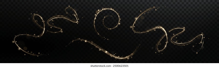 Gold curved light line, rope, tape. Smooth festive gold line png with light effects. Light golden Twirl png. Curve light effect of golden line. Luminous golden spiral png. 