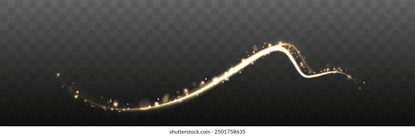 Gold curved light line, rope, tape. Smooth festive gold line png with light effects. Light golden Twirl png. Curve light effect of golden line. Luminous golden spiral png. 