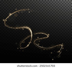 Gold curved light line, rope, tape. Smooth festive gold line png with light effects. Light golden Twirl png. Curve light effect of golden line. Luminous golden spiral png.