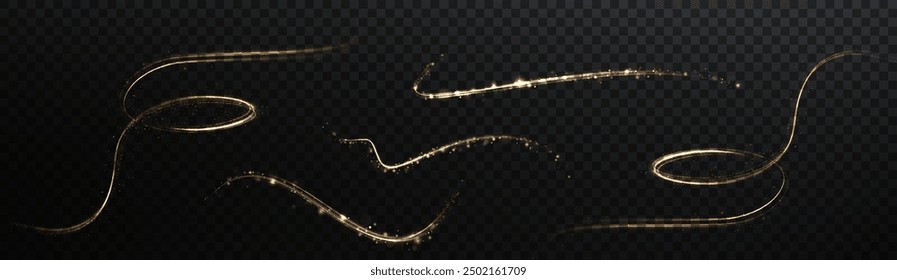 Gold curved light line, rope, tape. Smooth festive gold line png with light effects. Light golden Twirl png. Curve light effect of golden line. Luminous golden spiral png.