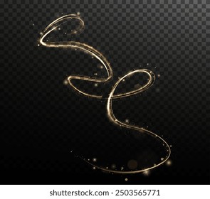  Gold curved light line, rope, tape. Smooth festive gold line png with light effects. Light golden Twirl png. Curve light effect of golden line. Luminous golden spiral png.