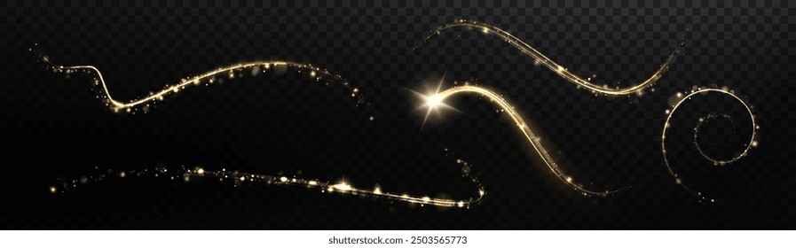  Gold curved light line, rope, tape. Smooth festive gold line png with light effects. Light golden Twirl png. Curve light effect of golden line. Luminous golden spiral png.