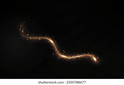 Gold curved light line, rope, tape. Smooth festive gold line png with light effects. Light golden Twirl png. Curve light effect of golden line. Luminous golden spiral png.

