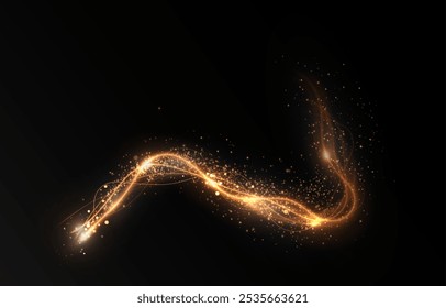 Gold curved light line, rope, tape. Smooth festive gold line png with light effects. Light golden Twirl png. Curve light effect of golden line. Luminous golden spiral png.