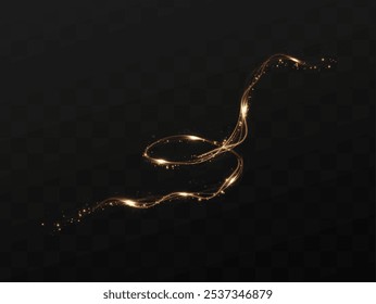  Gold curved light line, rope, tape. Smooth festive gold line png with light effects. Light golden Twirl png. Curve light effect of golden line. Luminous golden spiral png.