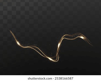 Gold curved light line, rope, tape. Smooth festive gold line png with light effects. Light golden Twirl png. Curve light effect of golden line. Luminous golden spiral png.