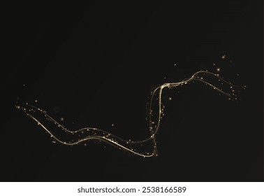 Gold curved light line, rope, tape. Smooth festive gold line png with light effects. Light golden Twirl png. Curve light effect of golden line. Luminous golden spiral png.