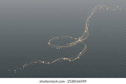 Gold curved light line, rope, tape. Smooth festive gold line png with light effects. Light golden Twirl png. Curve light effect of golden line. Luminous golden spiral png.