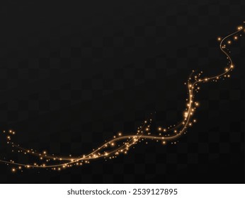 Gold curved light line, rope, tape. Smooth festive gold line png with light effects. Light golden Twirl png. Curve light effect of golden line.