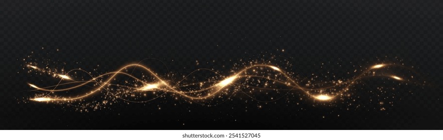 Gold curved light line, rope, tape. Smooth festive gold line png with light effects. Light golden Twirl png. Curve light effect of golden line.	
