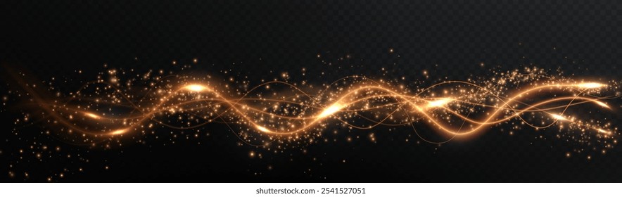 Gold curved light line, rope, tape. Smooth festive gold line png with light effects. Light golden Twirl png. Curve light effect of golden line.	
