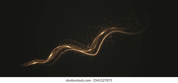 Gold curved light line, rope, tape. Smooth festive gold line png with light effects. Light golden Twirl png. Curve light effect of golden line.	
