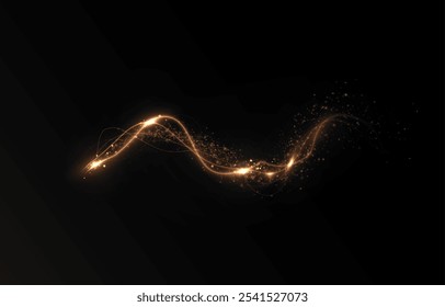 Gold curved light line, rope, tape. Smooth festive gold line png with light effects. Light golden Twirl png. Curve light effect of golden line.	
