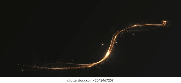 Gold curved light line, rope, tape. Smooth festive gold line png with light effects. Light golden Twirl png. Curve light effect of golden line.	
