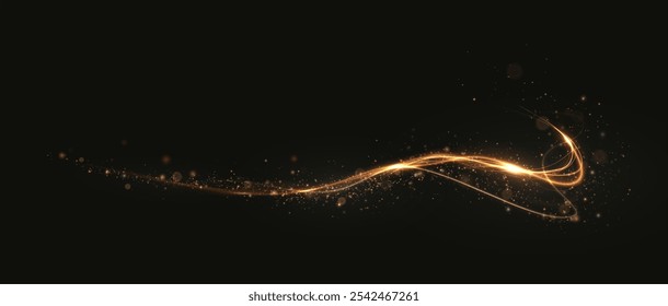 Gold curved light line, rope, tape. Smooth festive gold line png with light effects. Light golden Twirl png. Curve light effect of golden line.	
