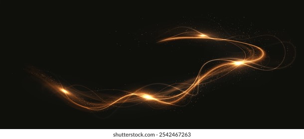 Gold curved light line, rope, tape. Smooth festive gold line png with light effects. Light golden Twirl png. Curve light effect of golden line.	
