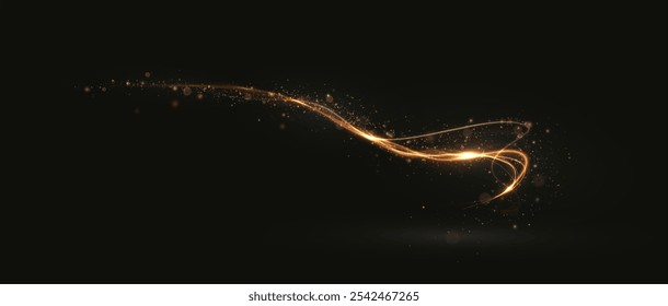 Gold curved light line, rope, tape. Smooth festive gold line png with light effects. Light golden Twirl png. Curve light effect of golden line.	
