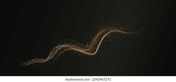 Gold curved light line, rope, tape. Smooth festive gold line png with light effects. Light golden Twirl png. Curve light effect of golden line.	
