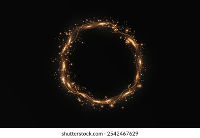 Gold curved light line, rope, tape. Smooth festive gold line png with light effects. Light golden Twirl png. Curve light effect of golden line. Christmas wreath.	