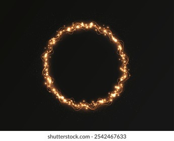 Gold curved light line, rope, tape. Smooth festive gold line png with light effects. Light golden Twirl png. Curve light effect of golden line. Christmas wreath.	