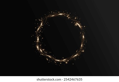 Gold gebogene Lichtlinie, Seil, Band. Glatte festliche Gold Linie png mit Lichteffekten. Hellgoldener Twirl png. Kurvenlichteffekt der goldenen Linie. Weihnachtskranz.	