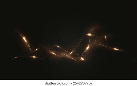 Gold curved light line, rope, tape. Smooth festive gold line png with light effects. Light golden Twirl png. Curve light effect of golden line. Garland gold.