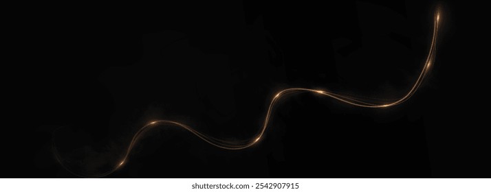 Gold curved light line, rope, tape. Smooth festive gold line png with light effects. Light golden Twirl png. Curve light effect of golden line. Garland gold.