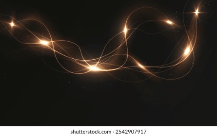 Gold curved light line, rope, tape. Smooth festive gold line png with light effects. Light golden Twirl png. Curve light effect of golden line. Garland gold.